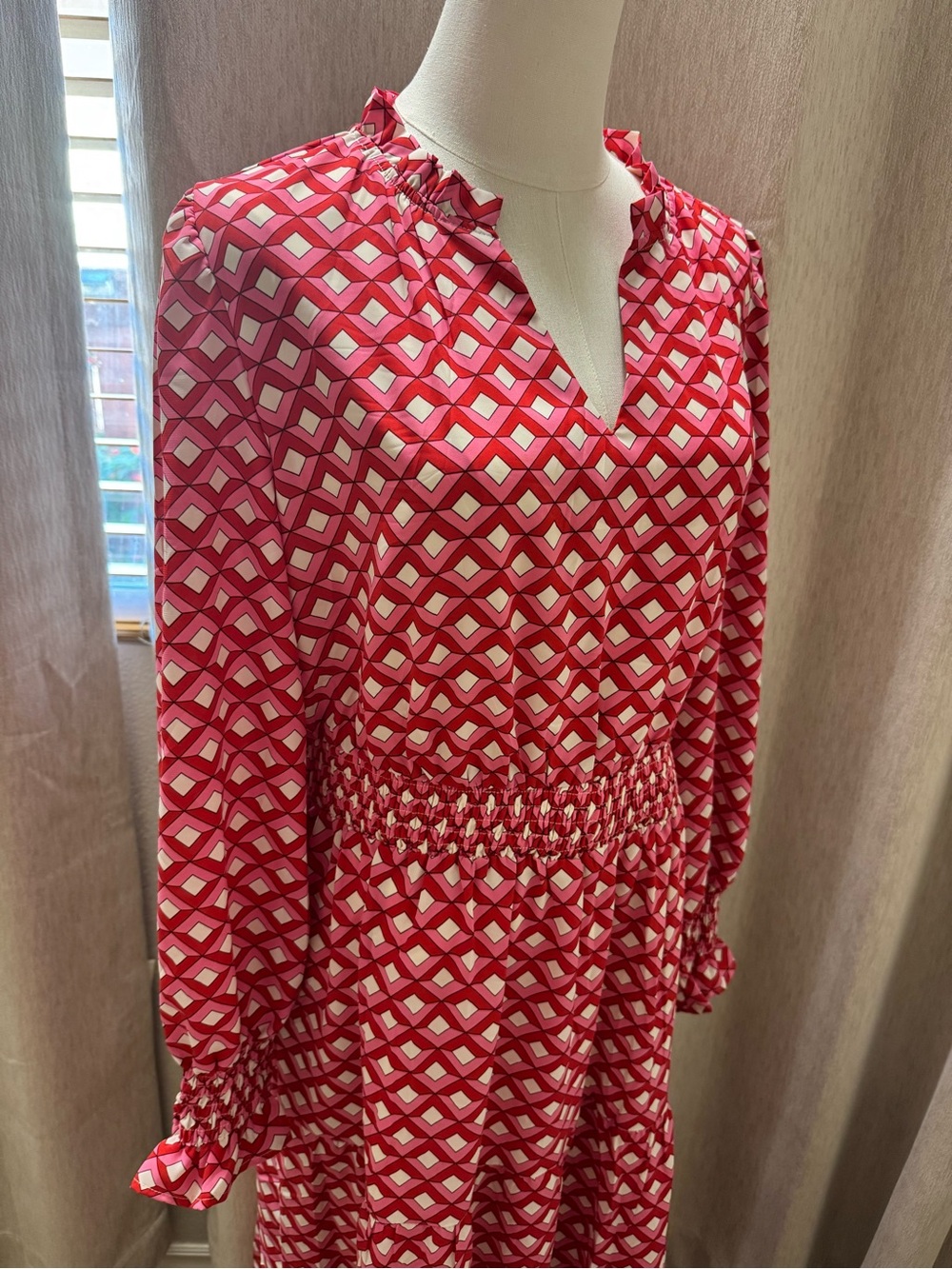 #62 Pretty Garden Pink Geometric V-Neck Long Sleeve Maxi Dress - Picture 6 of 8